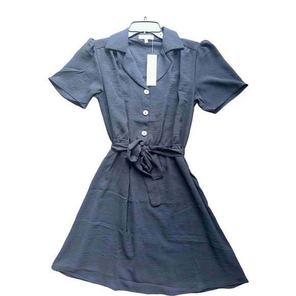 Womens Short Sleeve Button Dress Small Belted Black Pinup Goth Dark Academia - Picture 16 of 16